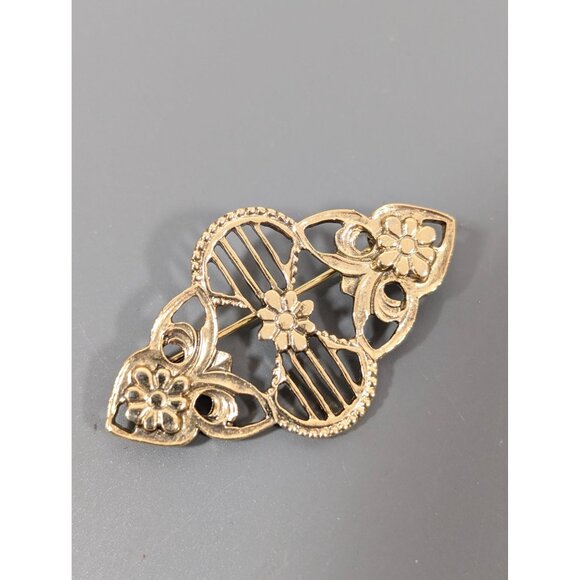 Vintage Gold-Tone Floral Brooch Pin With Filigree Detailing & Flower Accents - Picture 2 of 6